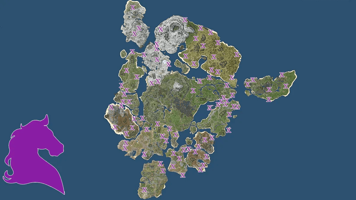 World map of Gloria Victis with magenta markers at every known wild-horse spawn
