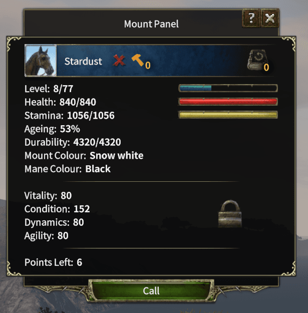 The in-game mount attribute panel, showing the four trained attributes and the sealed ones