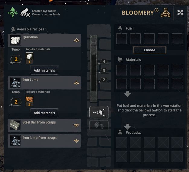 The Bloomery station UI with its material, fuel and heat controls