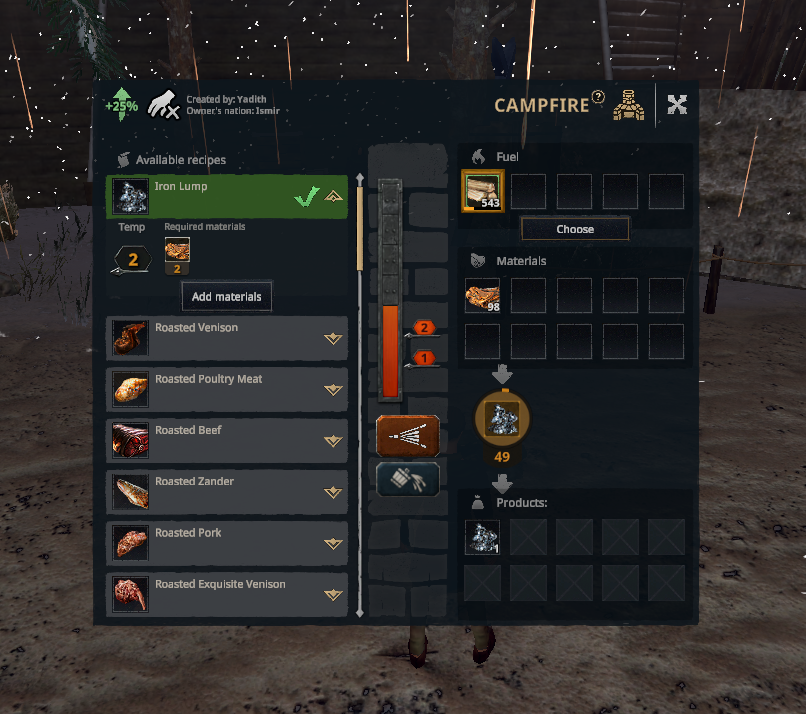 The Furnace station UI with material and fuel slots and the heat gauge